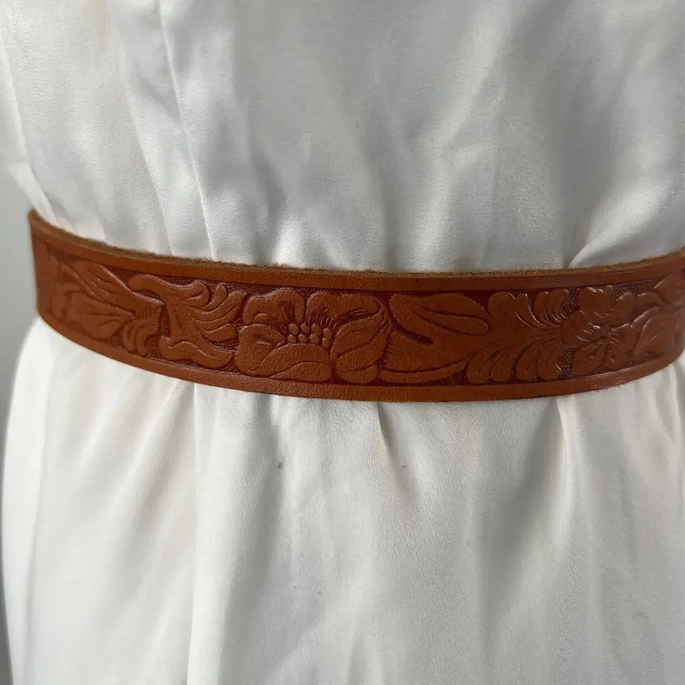 Tooled Leather Belt The Ritz Accessories Floral Motif Tan